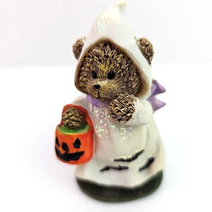 Vintage Bear Figurine Dressed in Costume Halloween Pumpkin Basket Sparkle 3.5 in